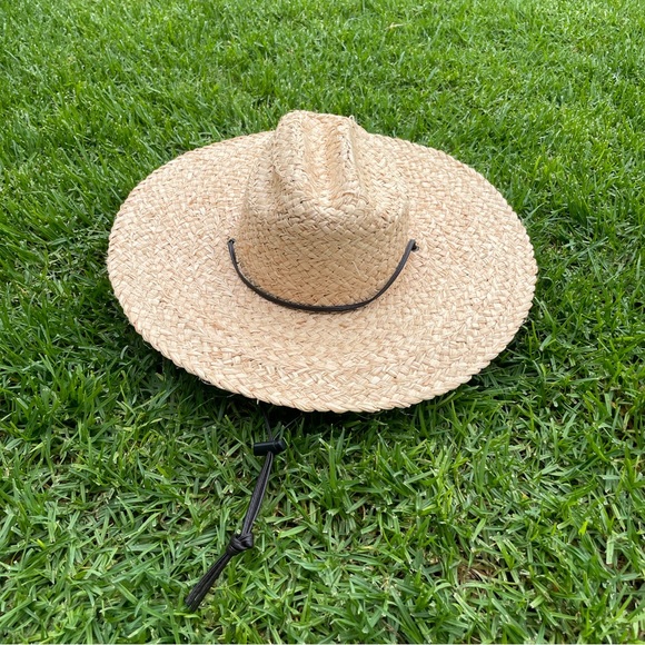 wyeth milos tan raffia straw wide brim strap detail summer sun hat one size NEW - Picture 3 of 5
